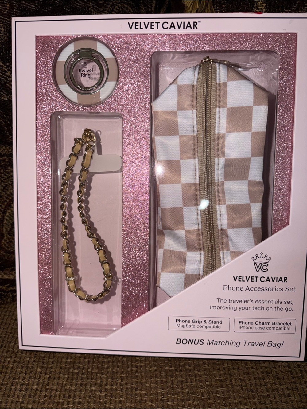 Velvet Caviar Checkered Phone Accessory Set in Beige & White with Gold Charm